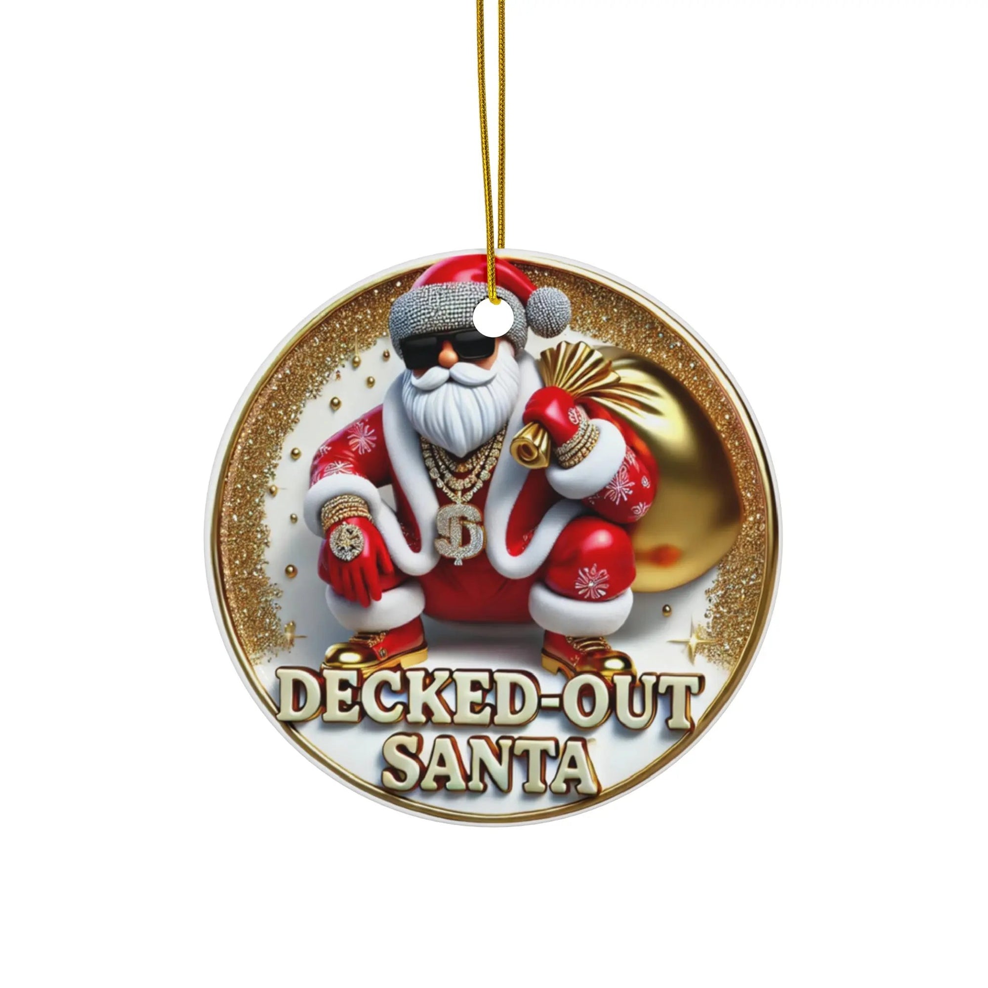 Decked-Out Santa Ceramic Christmas Tree Ornament, Pimp Santa Decoration Printify