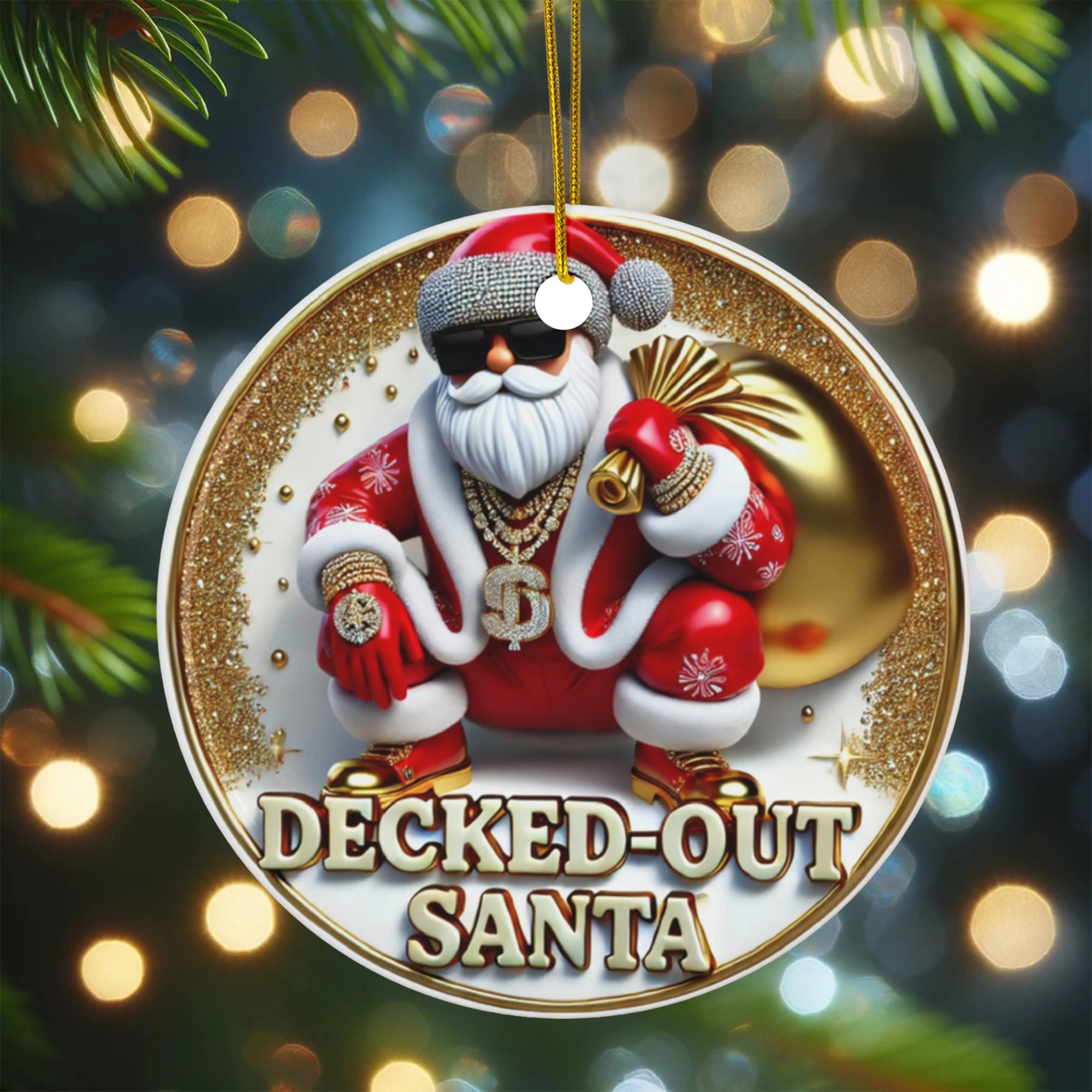 Decked-Out Santa Ceramic Christmas Tree Ornament, Pimp Santa Decoration Printify