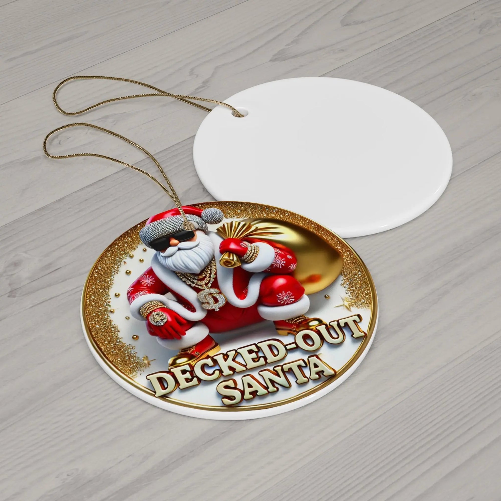 Decked-Out Santa Ceramic Christmas Tree Ornament, Pimp Santa Decoration Printify