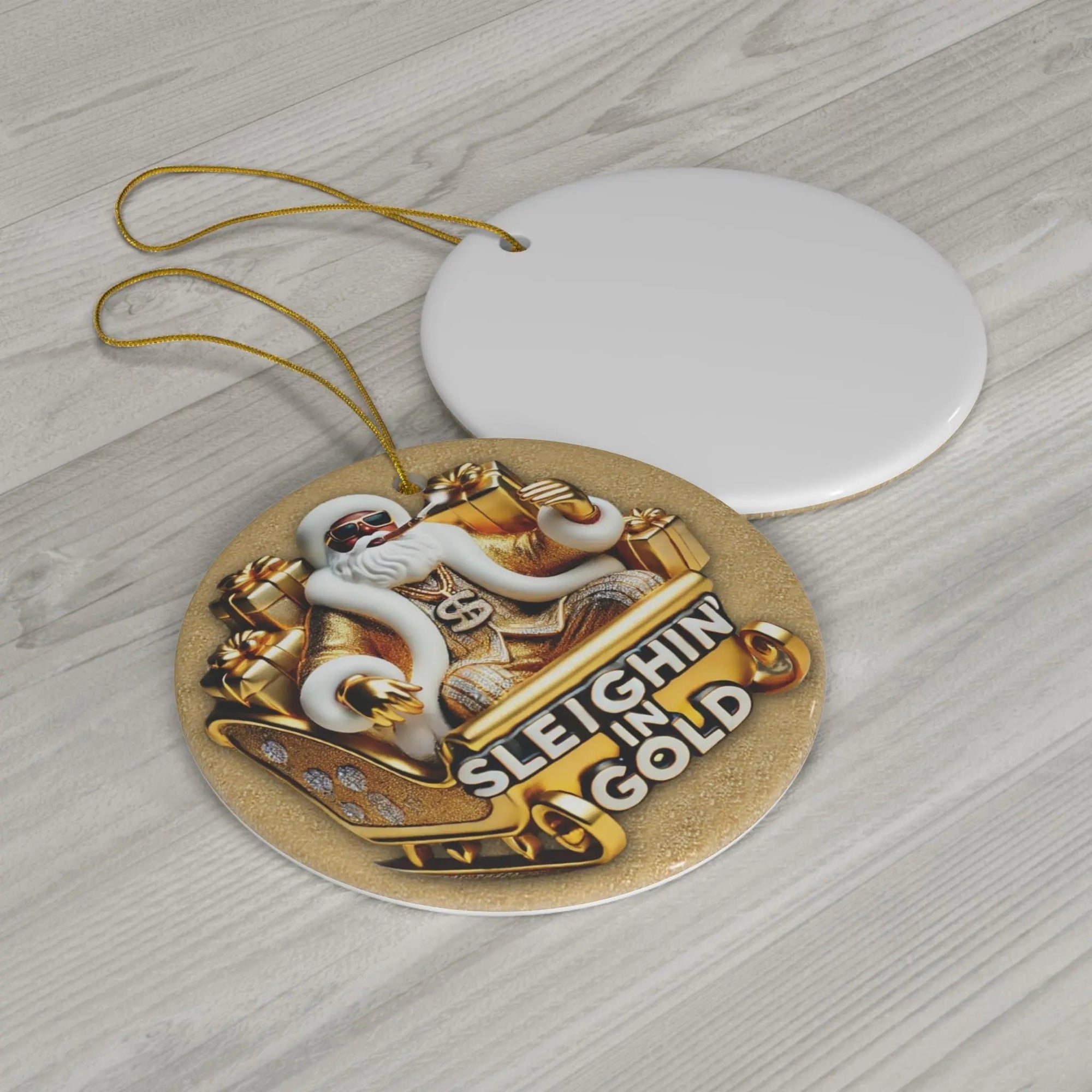Ceramic Ornament - Pimp Santa Sleighin' in Gold | PRINTED DESIGN Printify