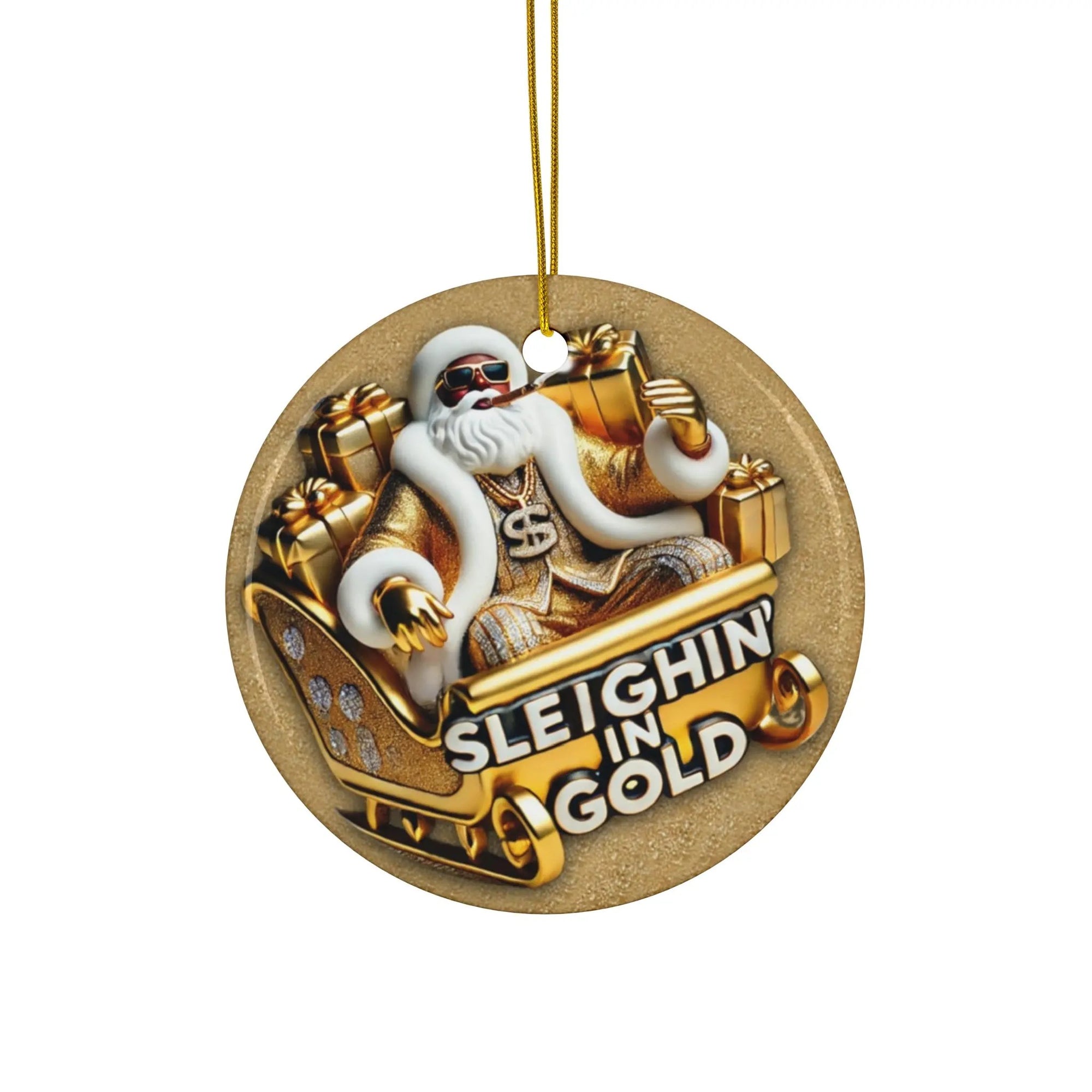 Ceramic Ornament - Pimp Santa Sleighin' in Gold | PRINTED DESIGN Printify