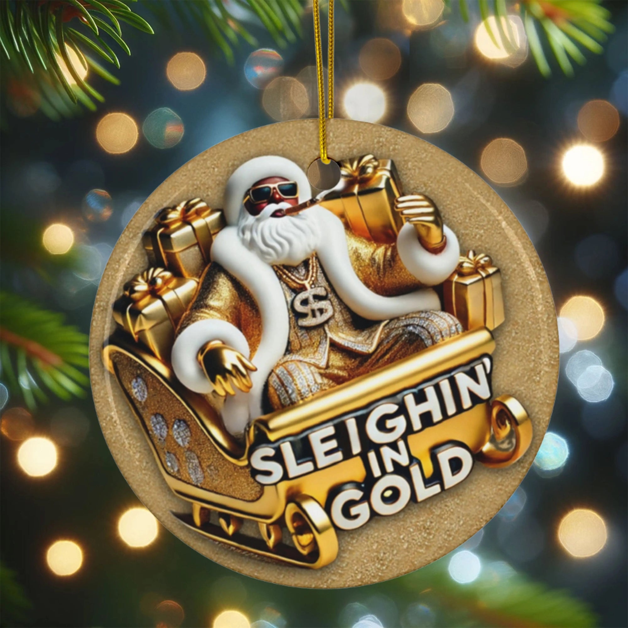 Ceramic Ornament - Pimp Santa Sleighin' in Gold | PRINTED DESIGN Printify