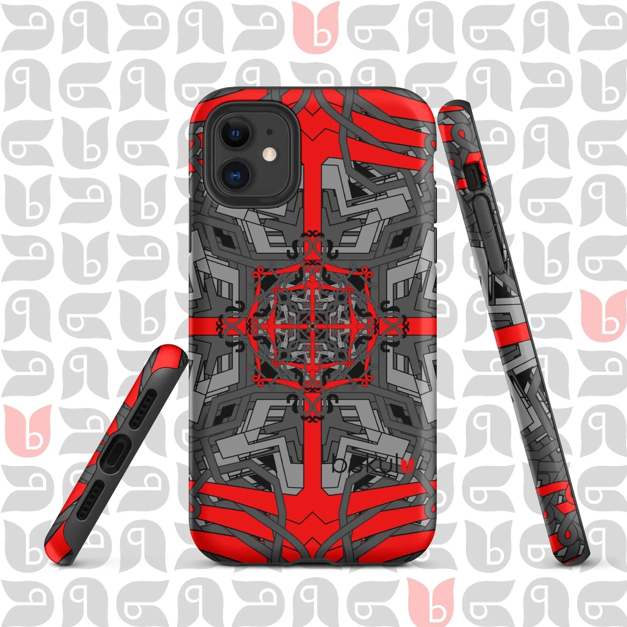 Geometric Tough Case for iPhone in Grey-Red-Black with Dual-Layer Protection