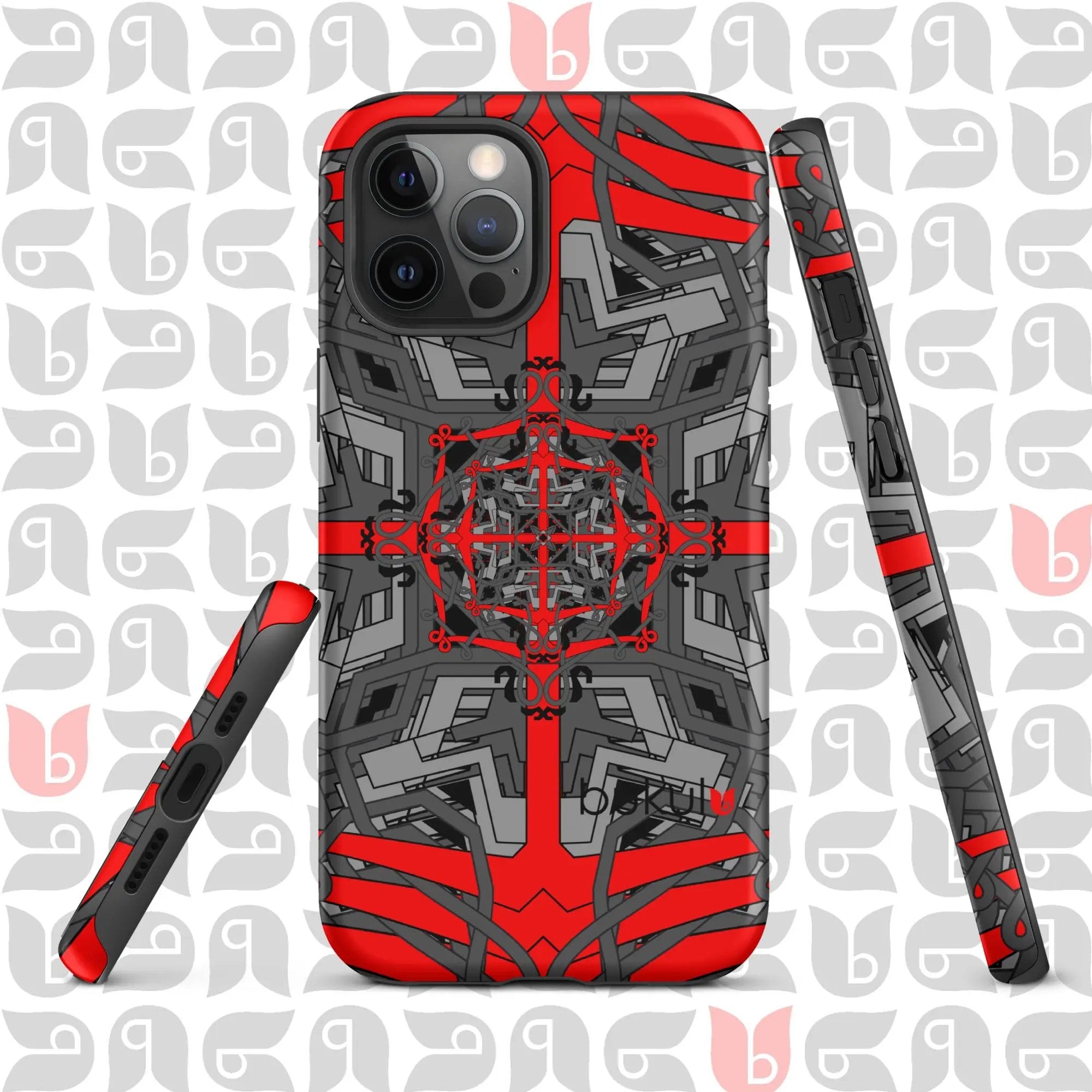 Geometric iPhone® Case Tough in Grey-Red-Black | Stylish Protection for Your Phone bukulu