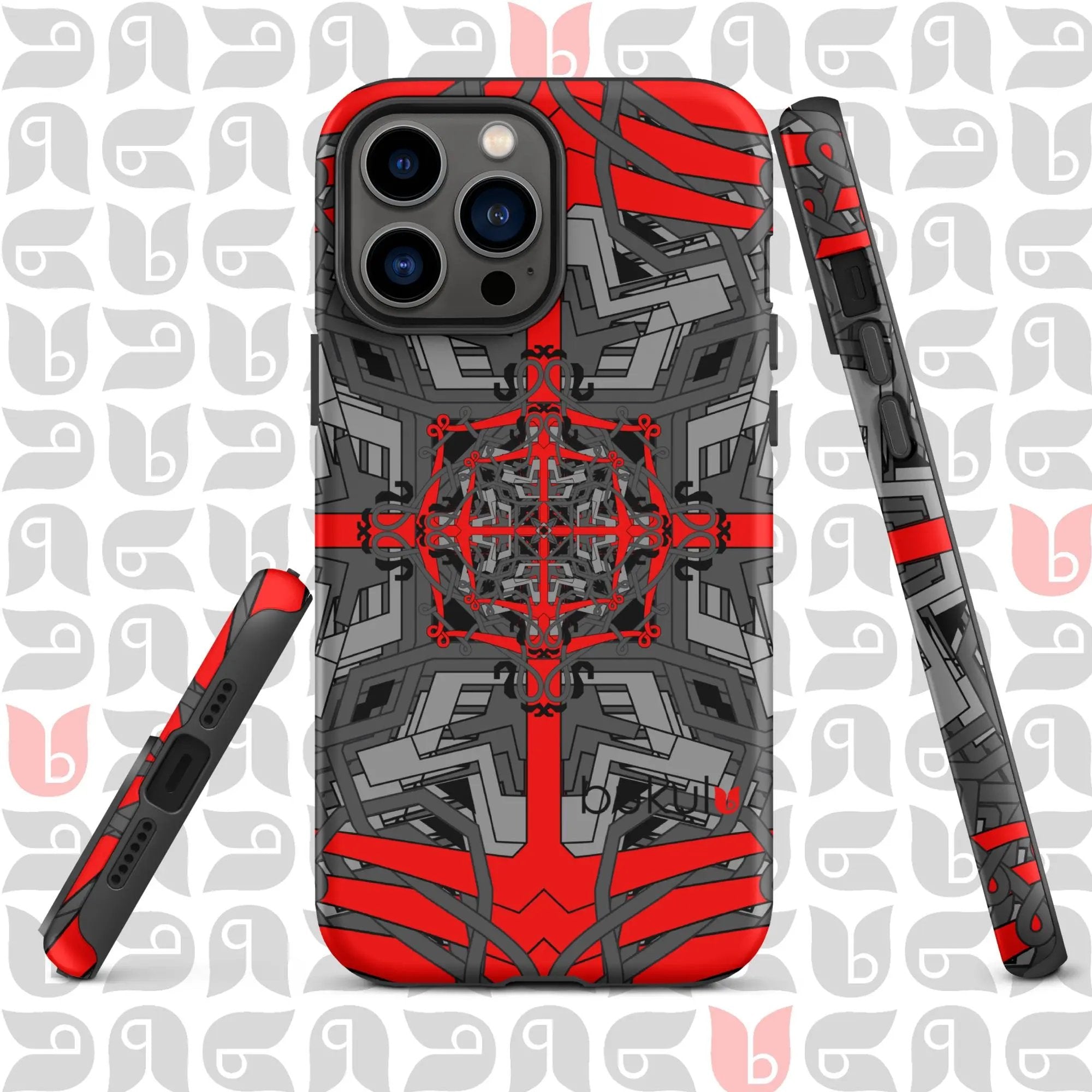 Geometric iPhone® Case Tough in Grey-Red-Black | Stylish Protection for Your Phone bukulu