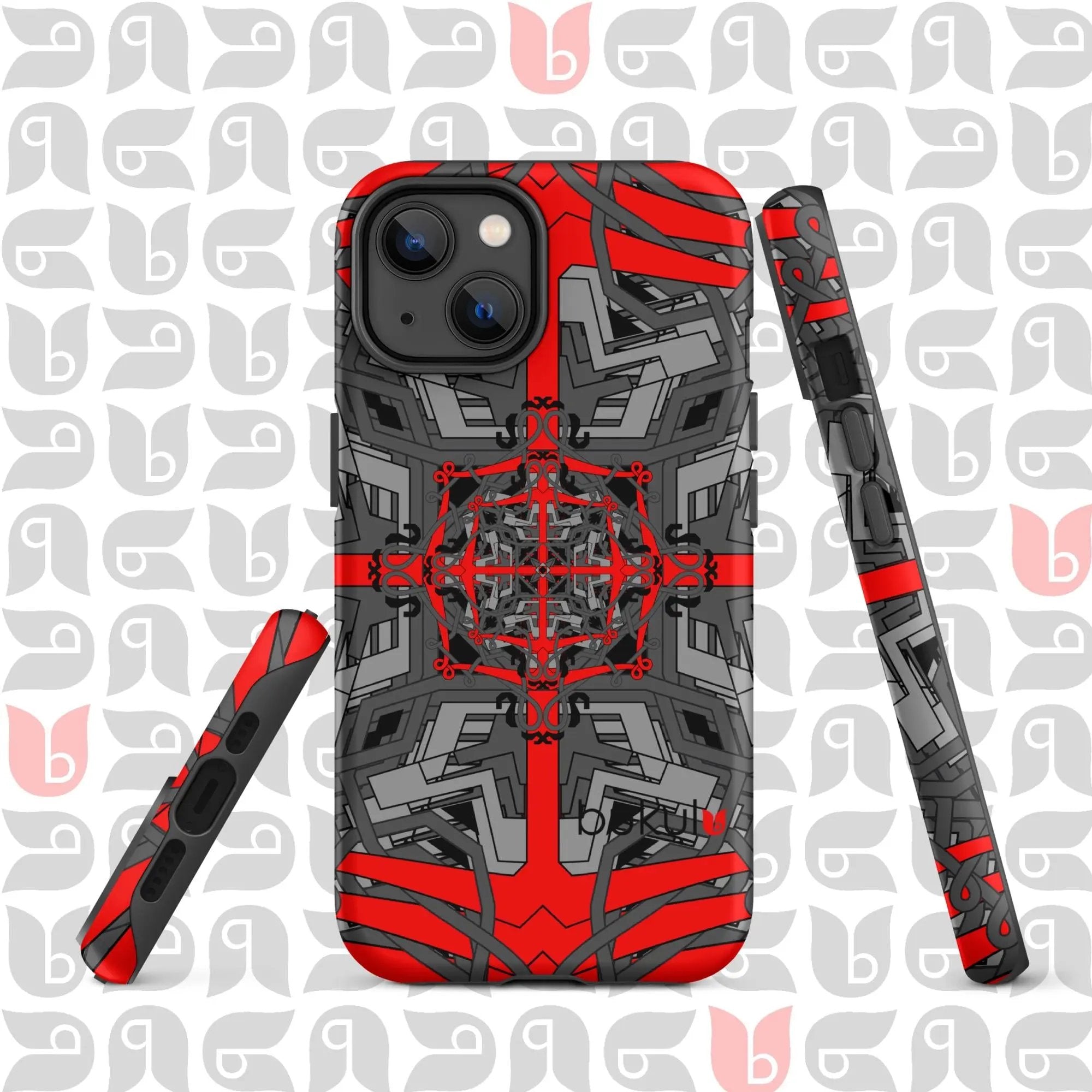 Geometric iPhone® Case Tough in Grey-Red-Black | Stylish Protection for Your Phone bukulu