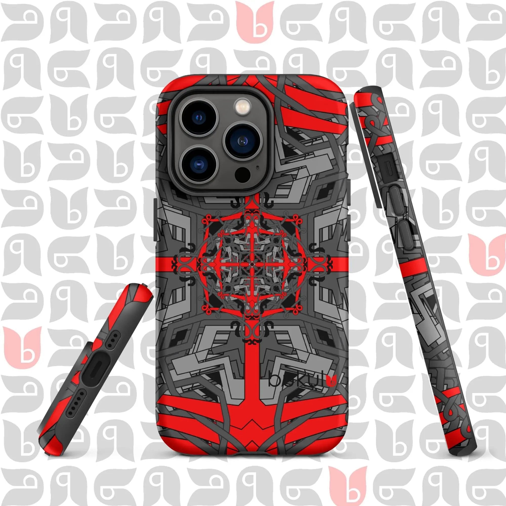 Geometric iPhone® Case Tough in Grey-Red-Black | Stylish Protection for Your Phone bukulu