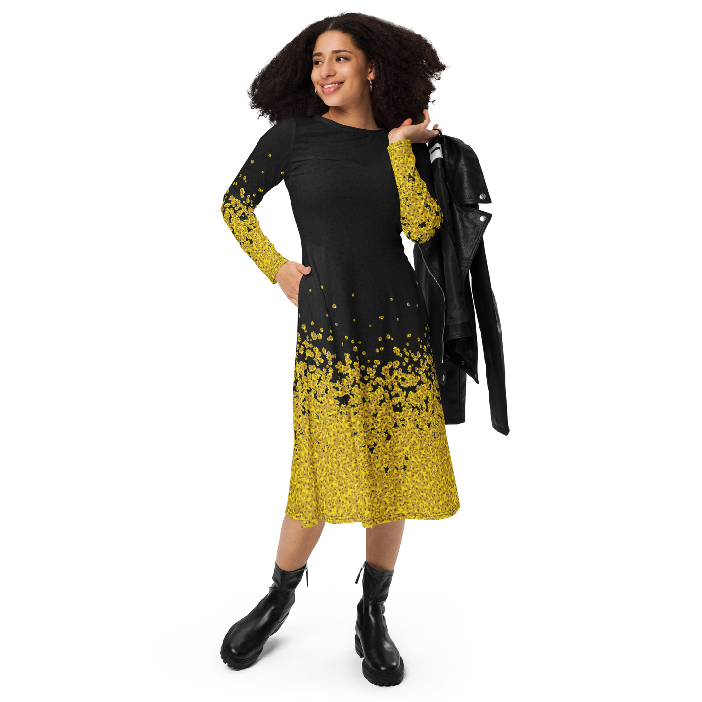 Adey Abeba | Yellow Daisy Flower All-Over Print Long Sleeve Midi Dress - Black - bukulu