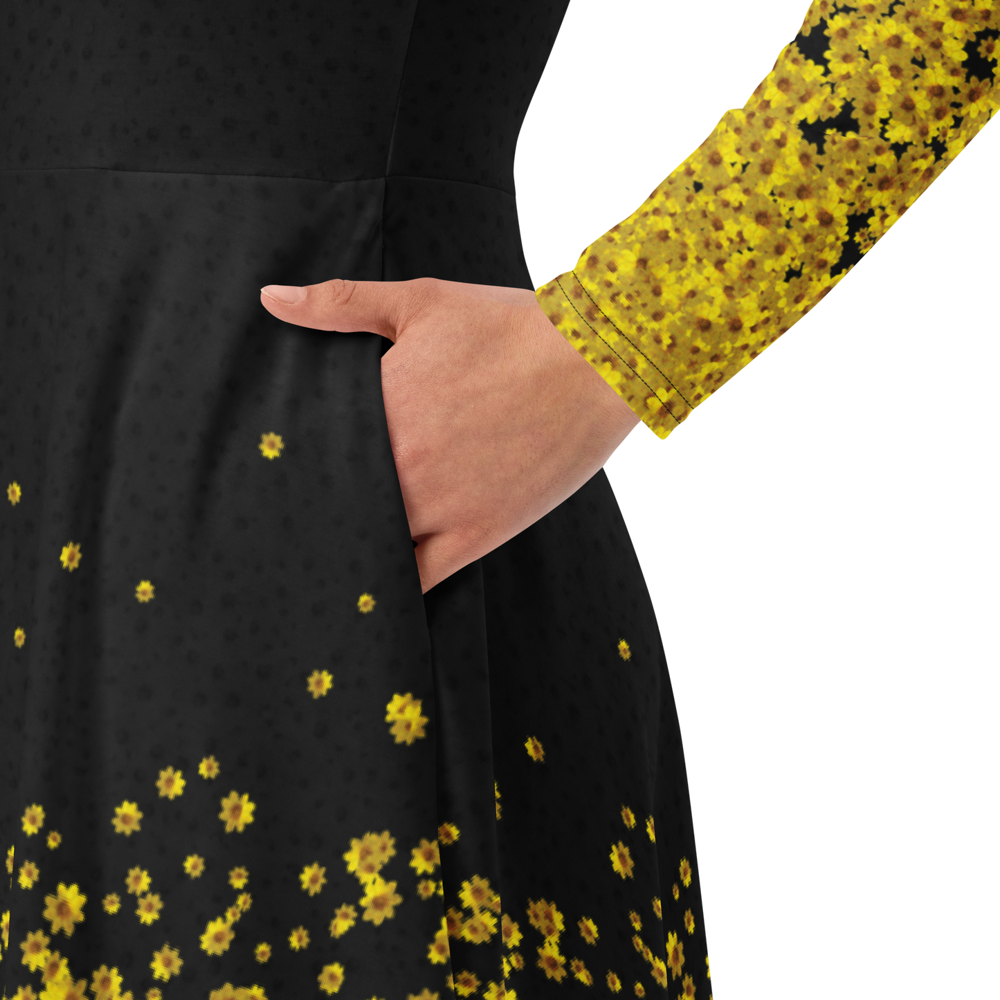 Adey Abeba | Yellow Daisy Flower All-Over Print Long Sleeve Midi Dress - Black - bukulu