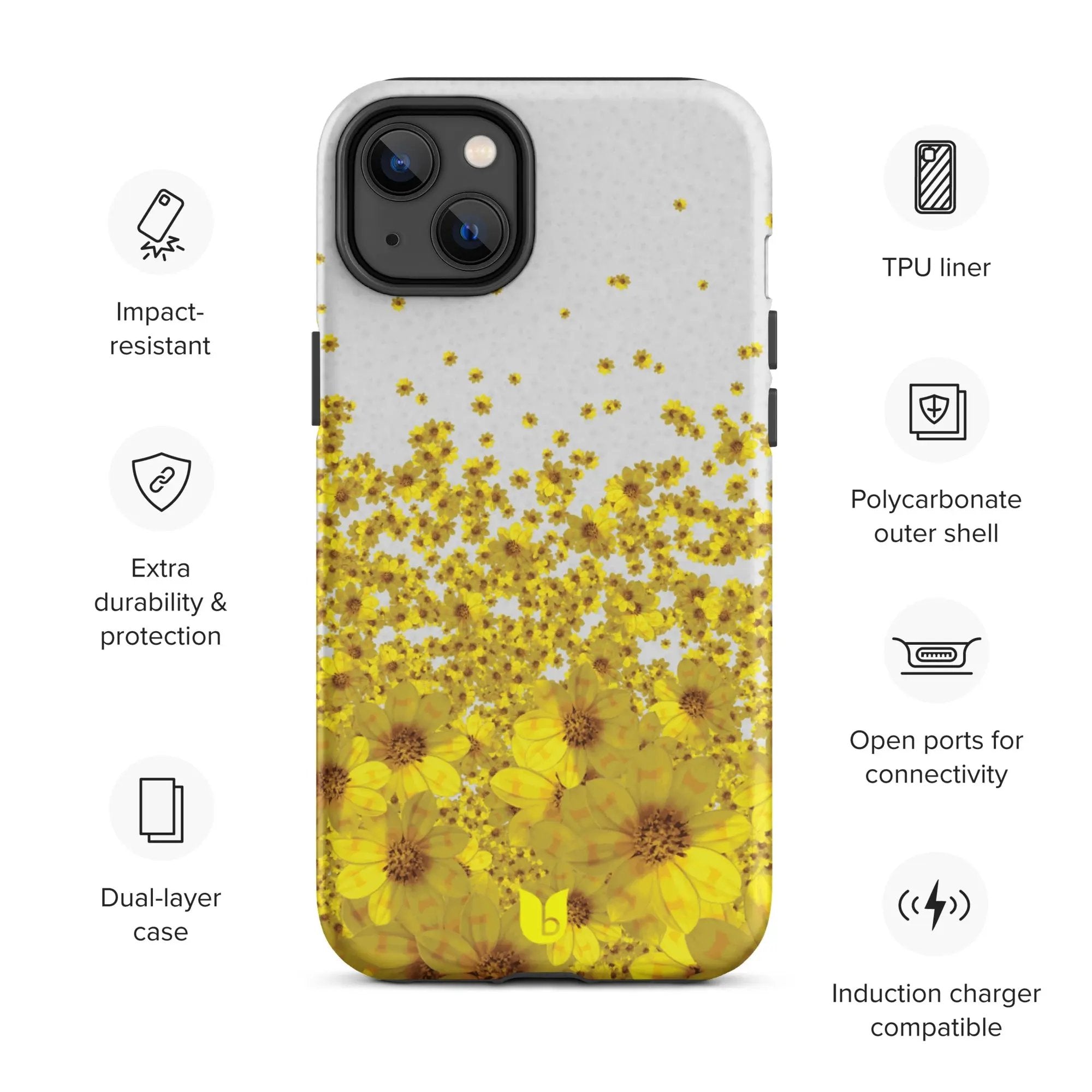 Floral Tough iPhone Case - Light Grey and Yellow, Yellow Daisy Flower All-Over-Print iPhone Case, Yellow iPhone Case, Grey and Yellow iPhone Case - bukulu