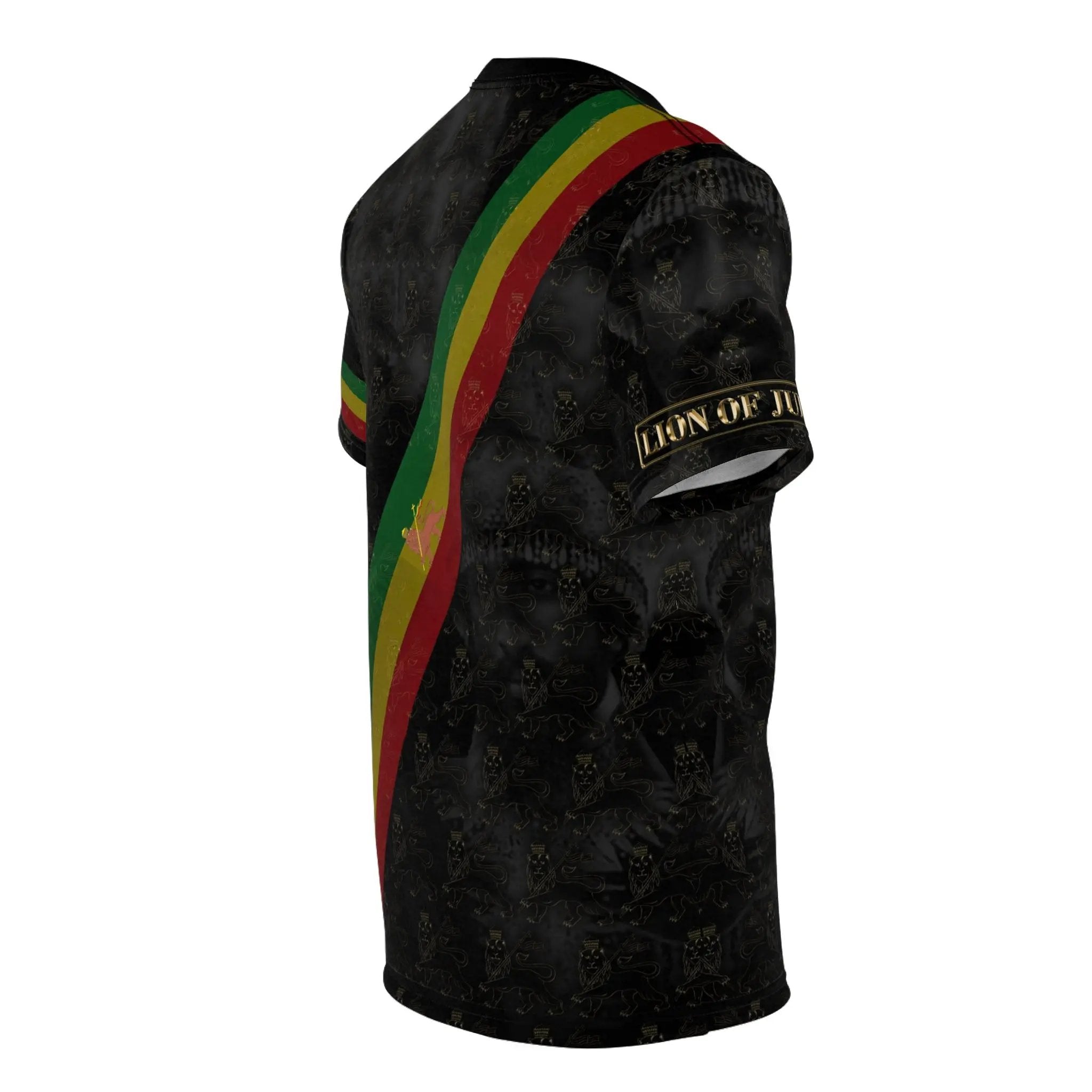 Right side view of Lion of Judah Rastafarian clothing t-shirt with Lion of Judah and Rasta color accents
