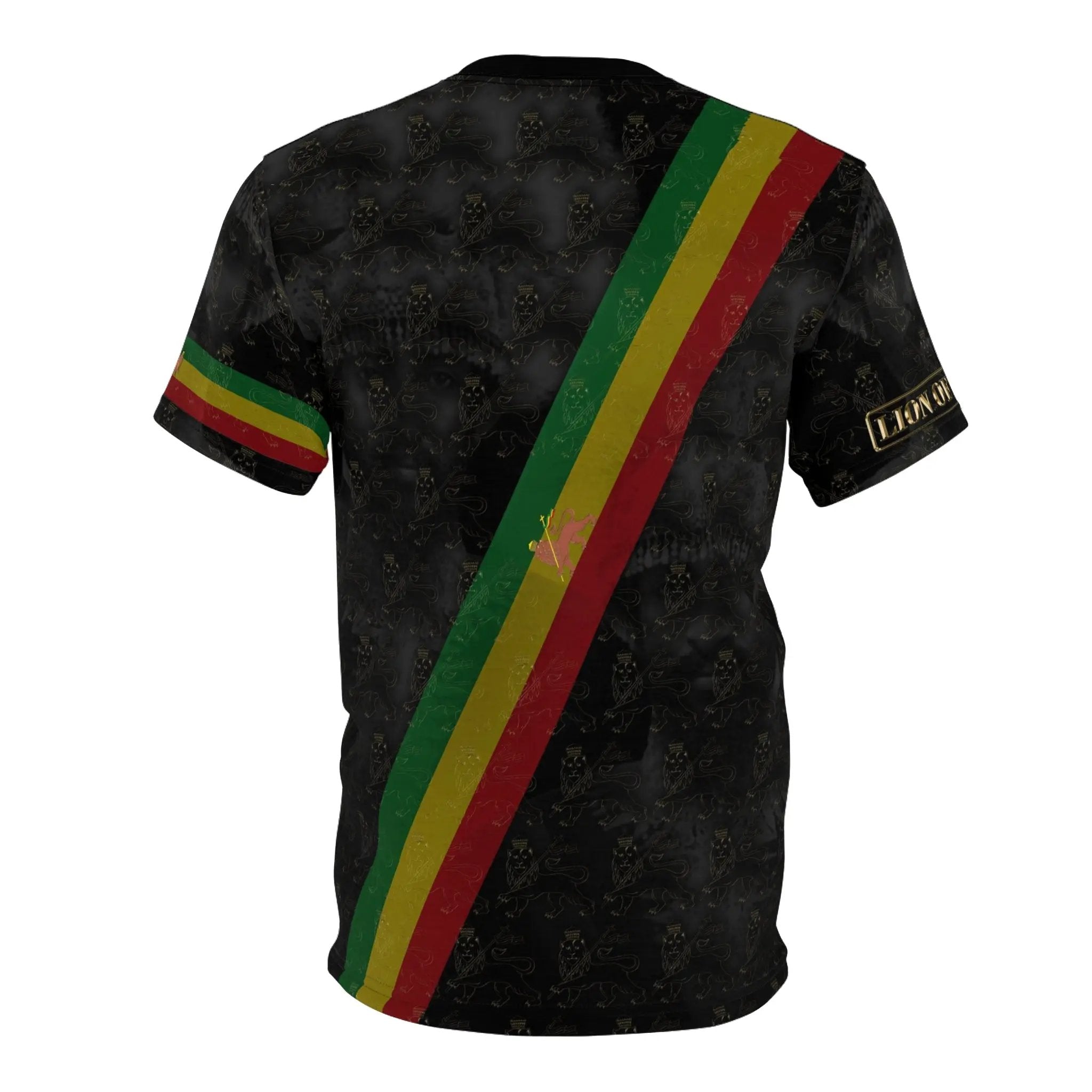 Back view of Lion of Judah Rastafarian clothing t-shirt with red yellow green Rasta stripe design