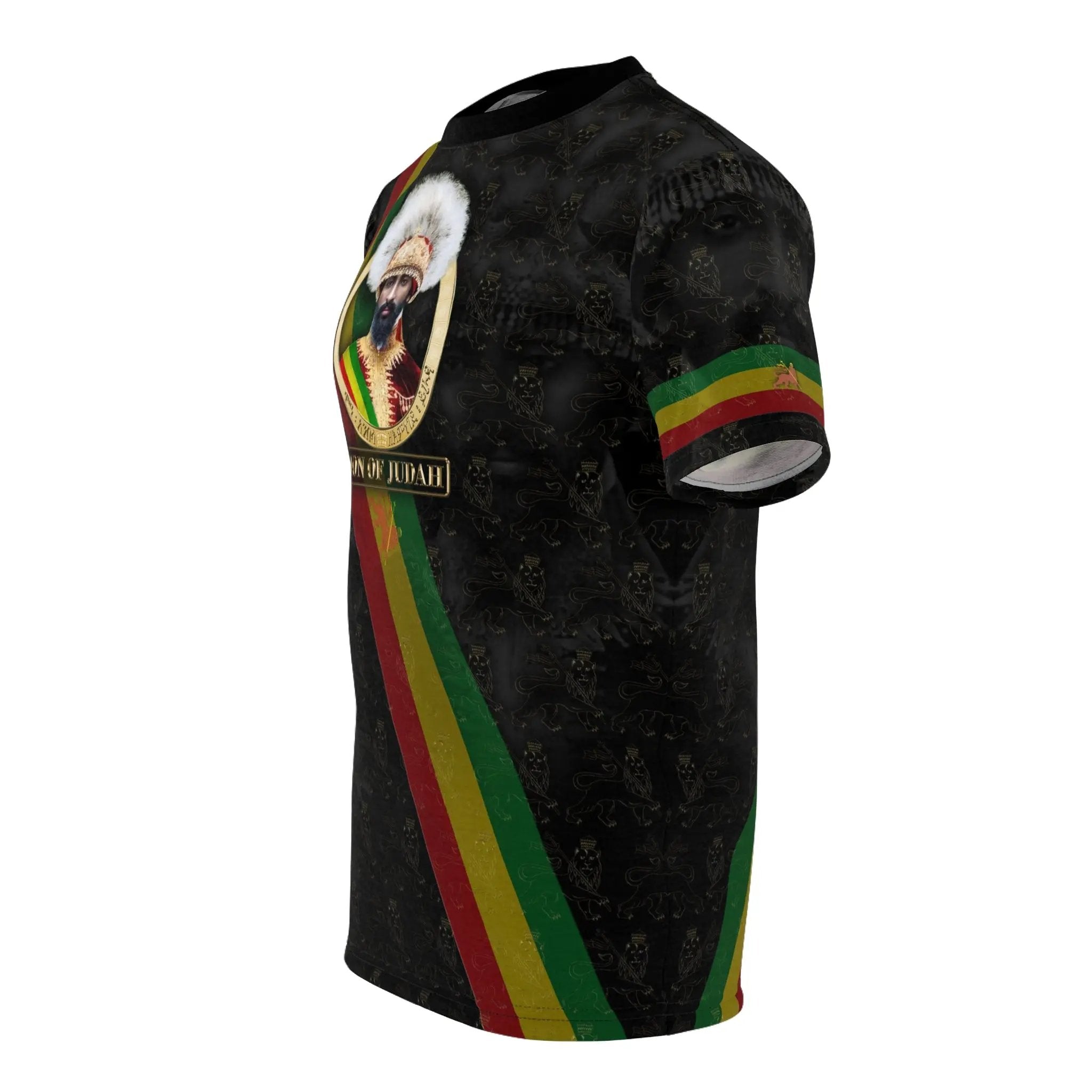 Left side view of Lion of Judah Rastafarian clothing t-shirt showing Rasta color stripe detail