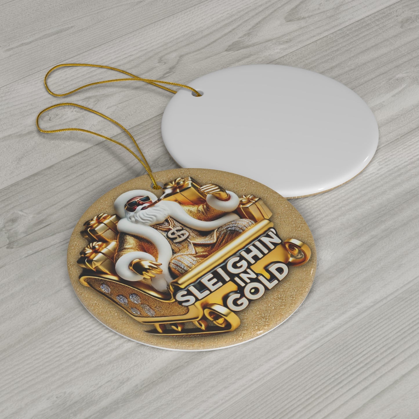 Ceramic Ornament - Pimp Santa Sleighin' in Gold | PRINTED DESIGN