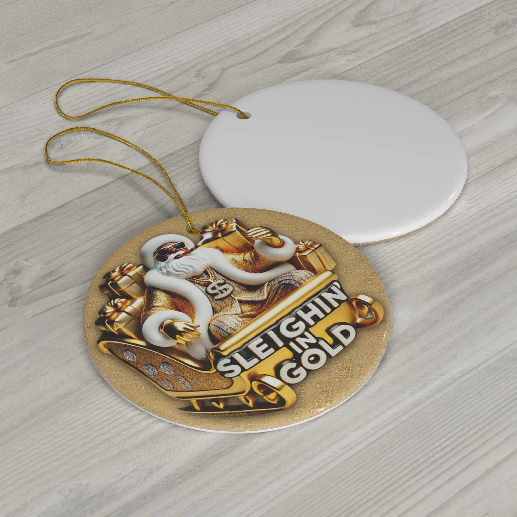 Ceramic Ornament - Pimp Santa Sleighin' in Gold | PRINTED DESIGN Printify