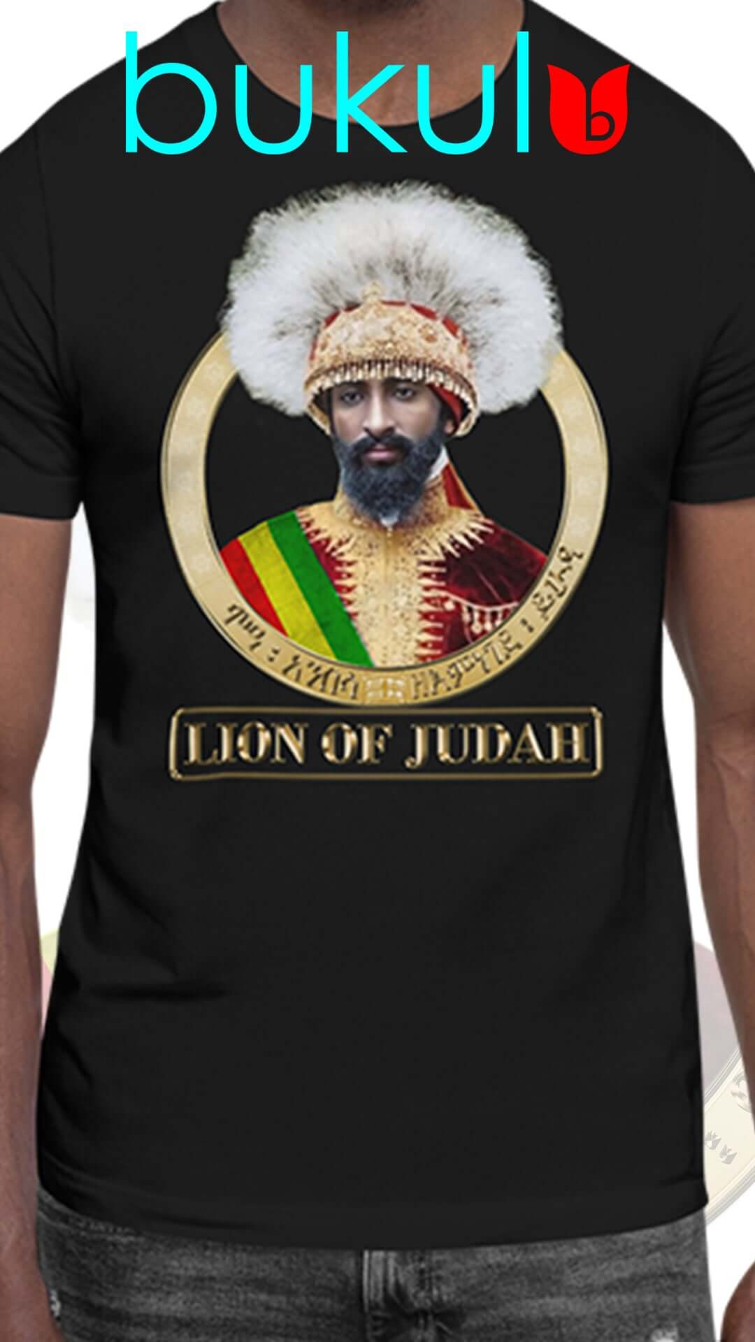 Haile Selassie Lion of Judah T-Shirt in black - symbol of Rastafari heritage.
