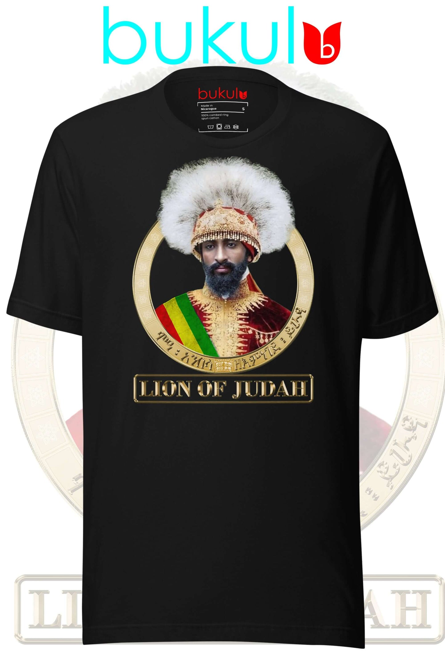 Rastafari inspired Lion of Judah tee by Bukulu - celebrate Haile Selassie's legacy.