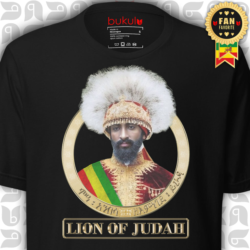 Black t-shirt with a graphic of Haile Selassie in regal attire and 'Lion of Judah' text, 