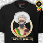 Black t-shirt with a graphic of Haile Selassie in regal attire and 'Lion of Judah' text, 