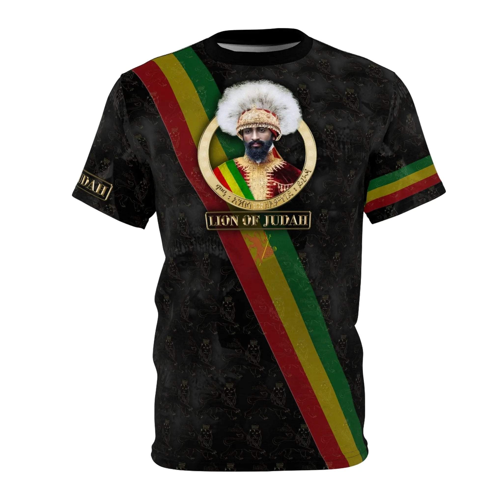 Lion of Judah Rastafarian clothing t-shirt featuring Haile Selassie inspired design with red yellow green Rasta colors