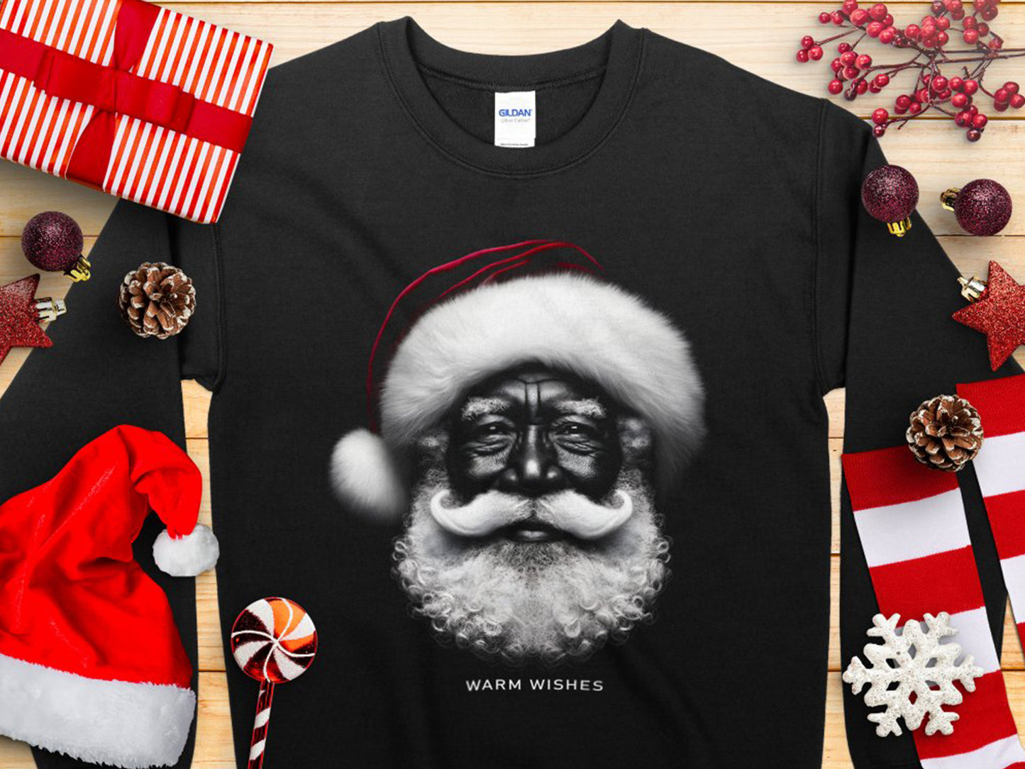 Warm Wishes Vintage Black Santa Sweatshirt