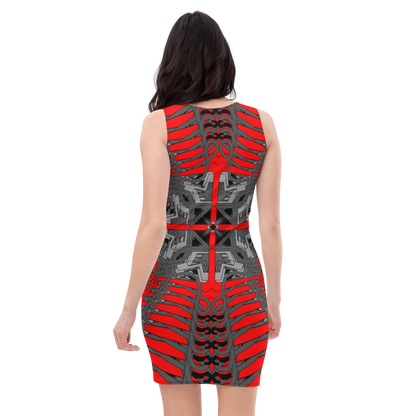 Geometric Fitted Dress in Grey, Red & Black