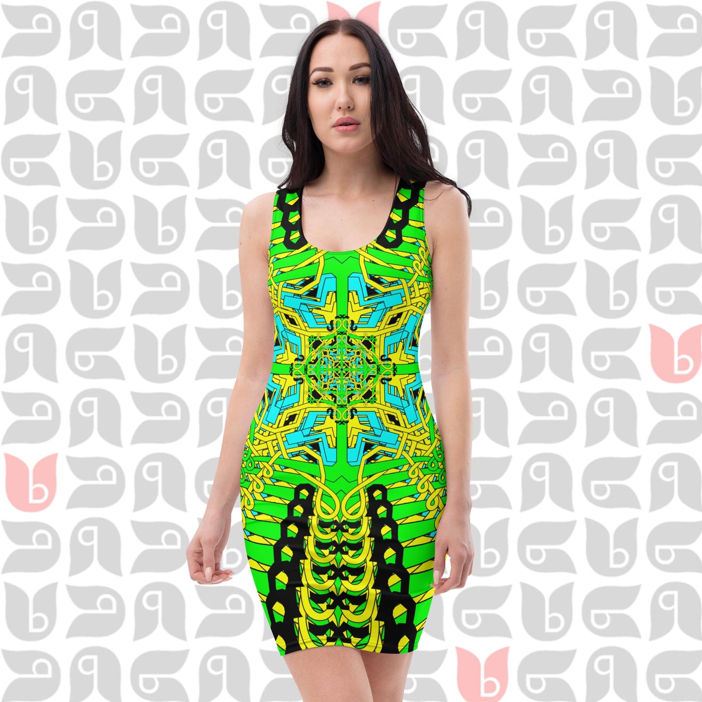 Geometric Fitted Short Dress in Yellow Green Turquoise