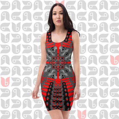 Geometric Fitted Dress in Grey, Red & Black