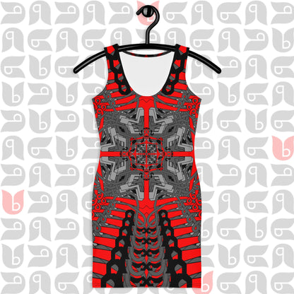 Geometric Fitted Dress in Grey, Red & Black