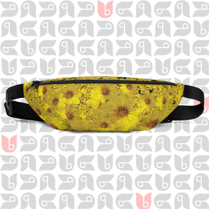 Yellow Floral Waist Bag or Fanny pack in Daisy Flower Adey Abeba Print - Black and Yellow Unisex