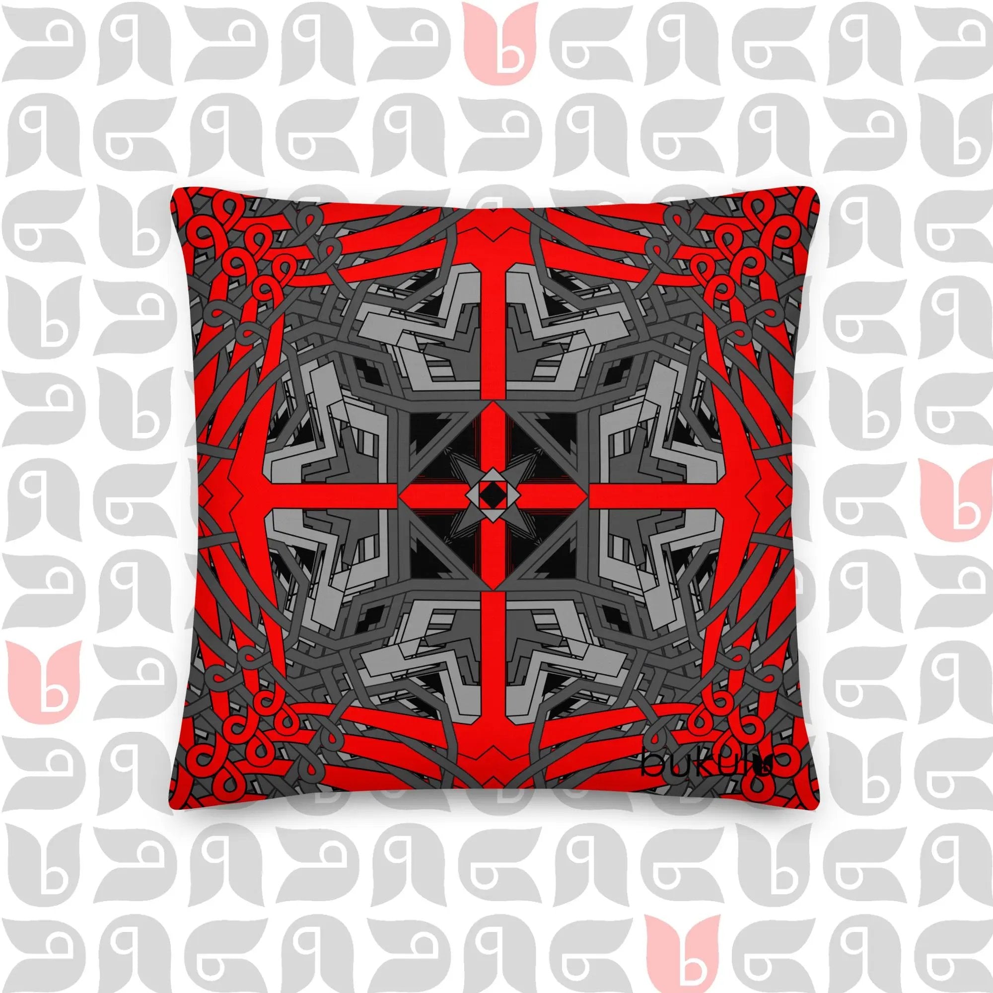 Geometric Pillow | Premium Black in Grey Red and Black 18"x18" bukulu