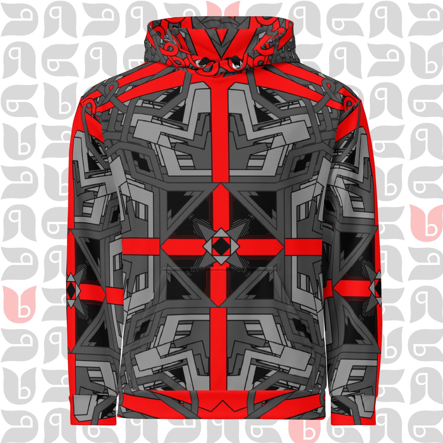 Geometric Hoodie in Grey Red and Black Jumper Unisex