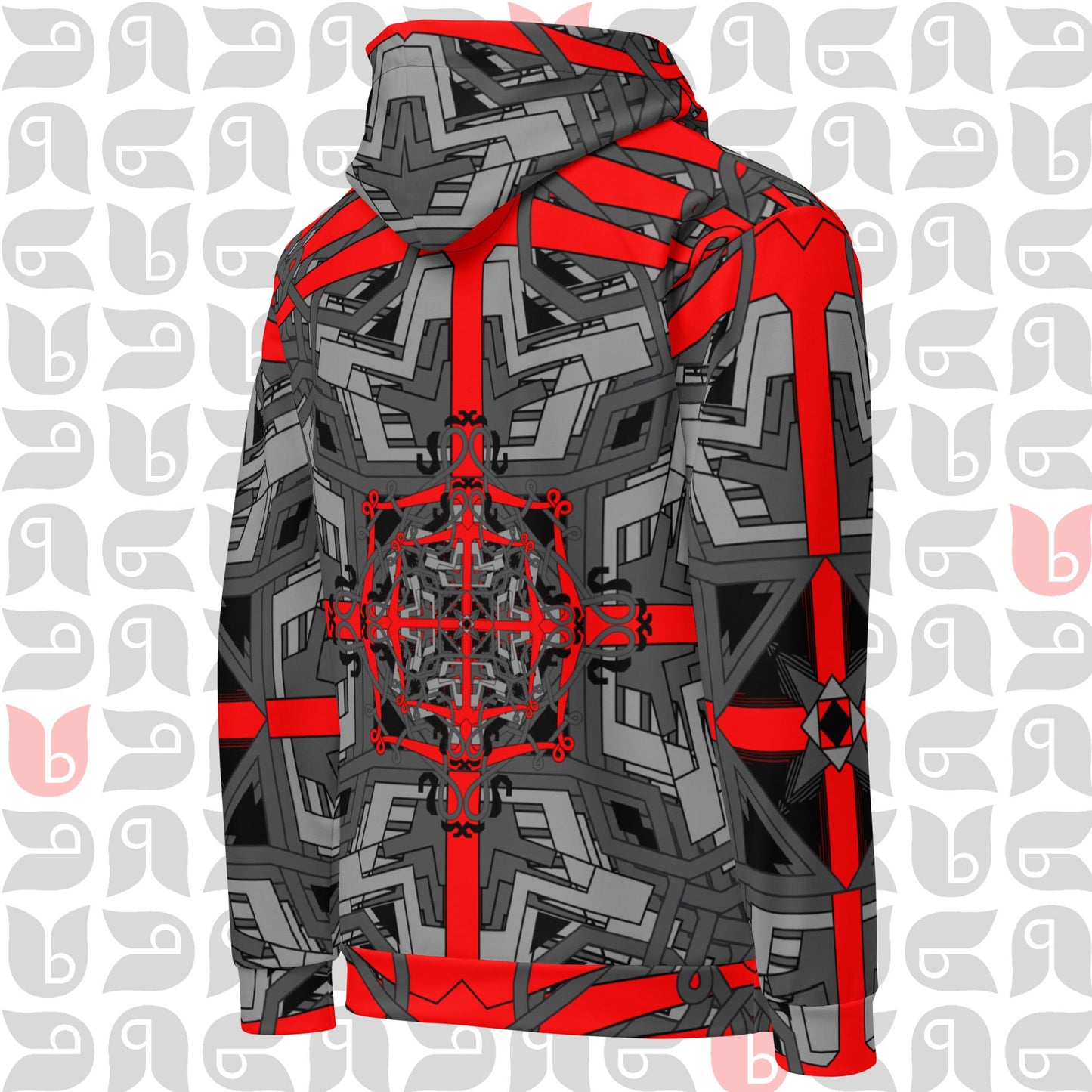 Geometric Hoodie in Grey Red and Black Jumper Unisex