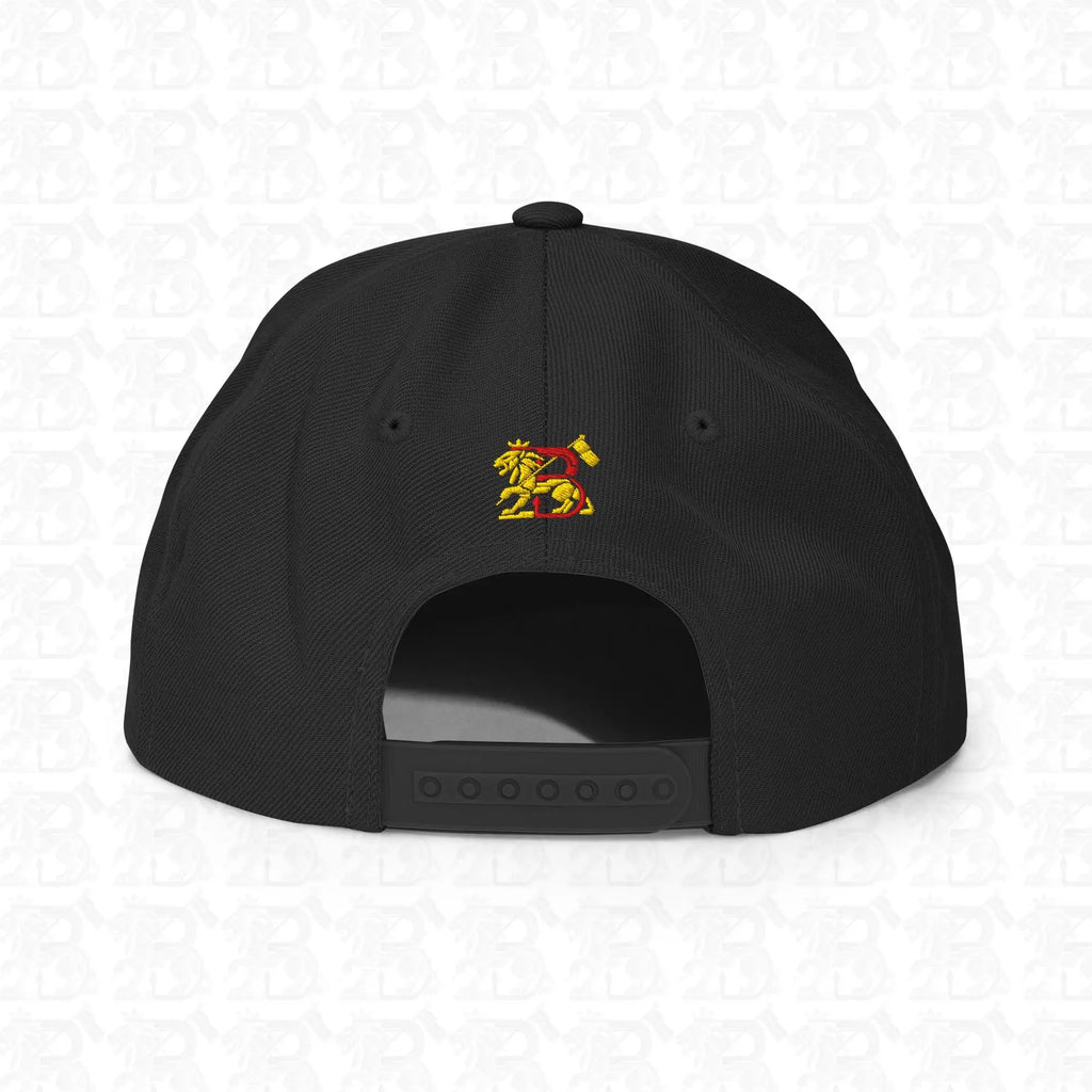 Lion of Judah Emblem Gold Embroidered Snapback Hat, black back view