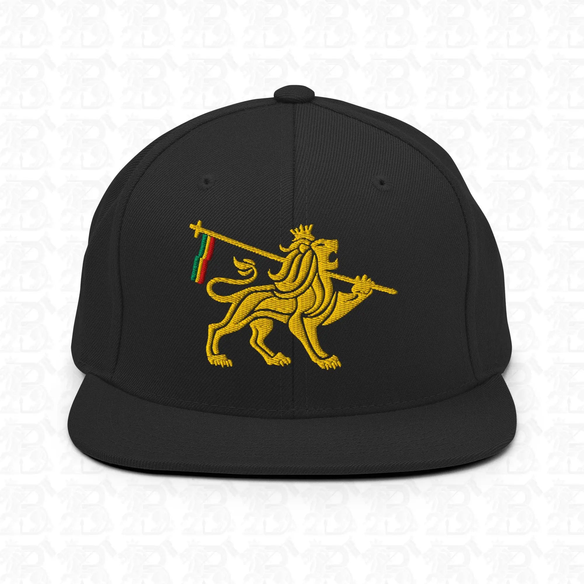 Lion of Judah Emblem Gold Embroidered Snapback Hat, black front view