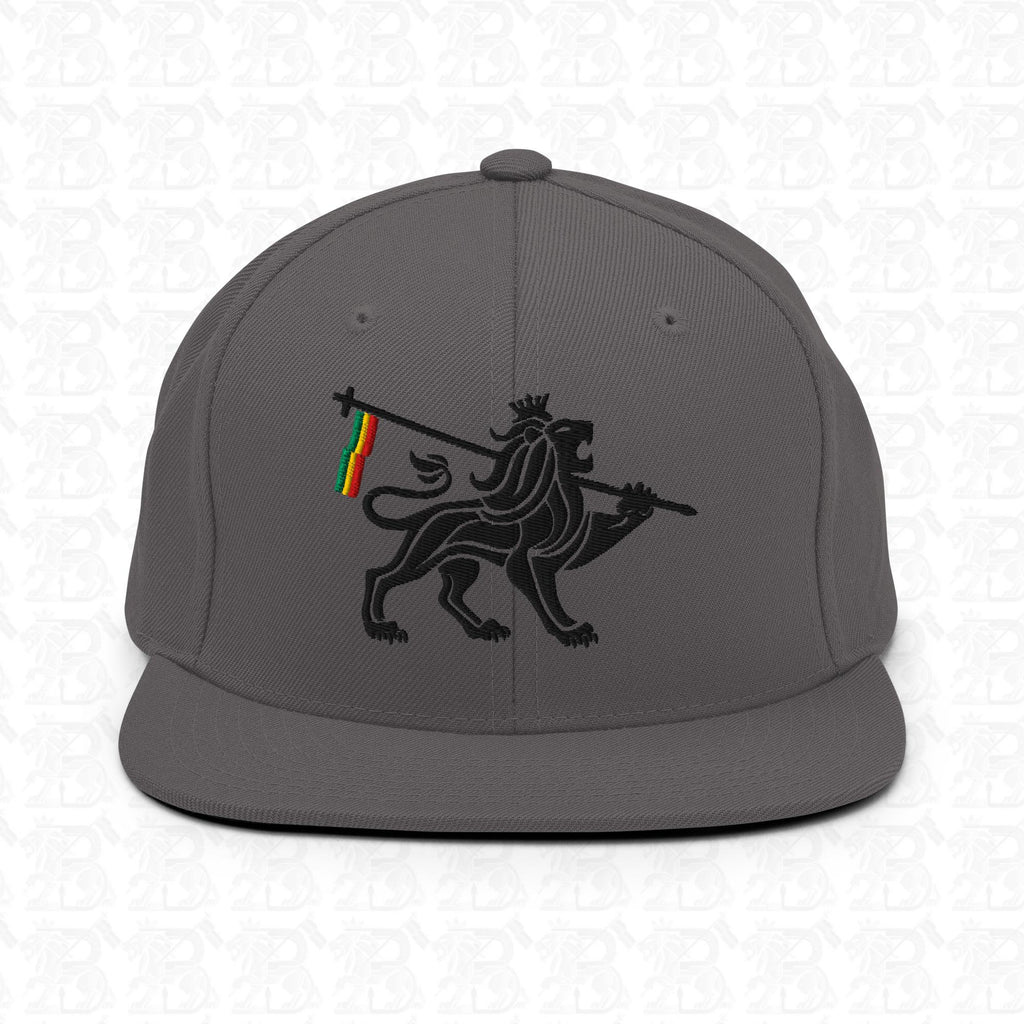 Lion of Judah Emblem Black Embroidered Snapback Hat, dark grey front view