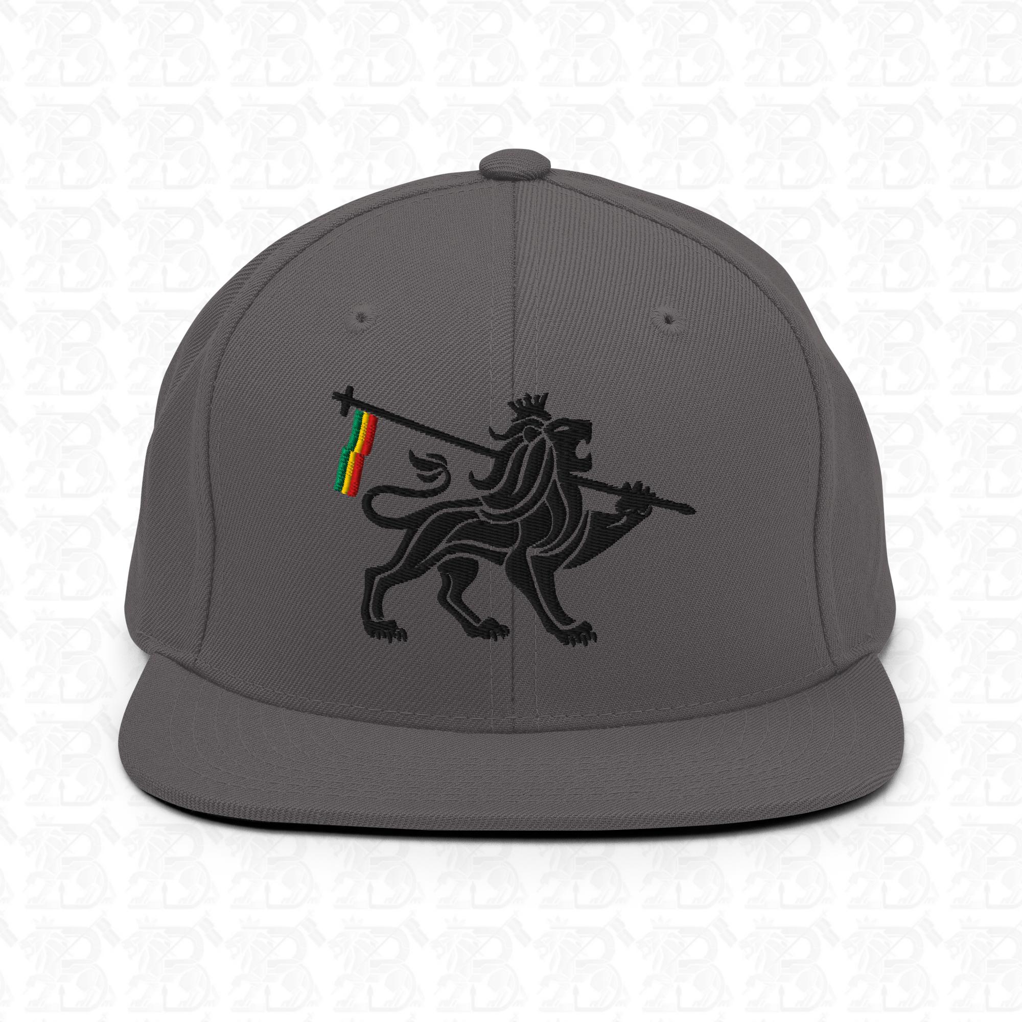 Lion of Judah Emblem Black Embroidered Snapback Hat, dark grey front view