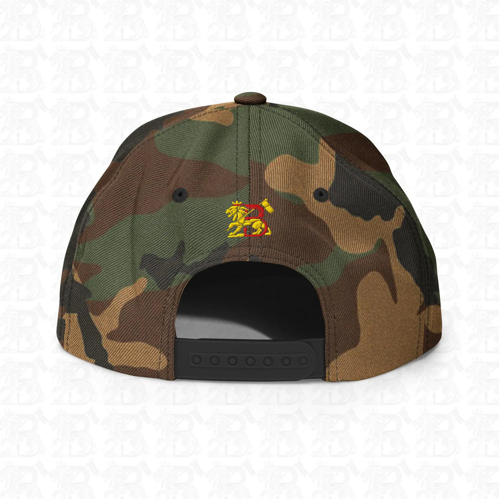 Lion of Judah Emblem Gold Embroidered Snapback Hat, green camo back view