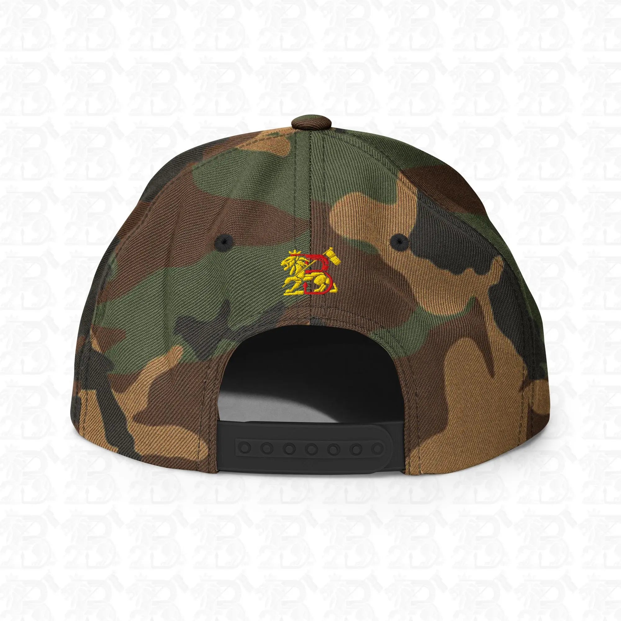 Lion of Judah Emblem Gold Embroidered Snapback Hat, green camo back view