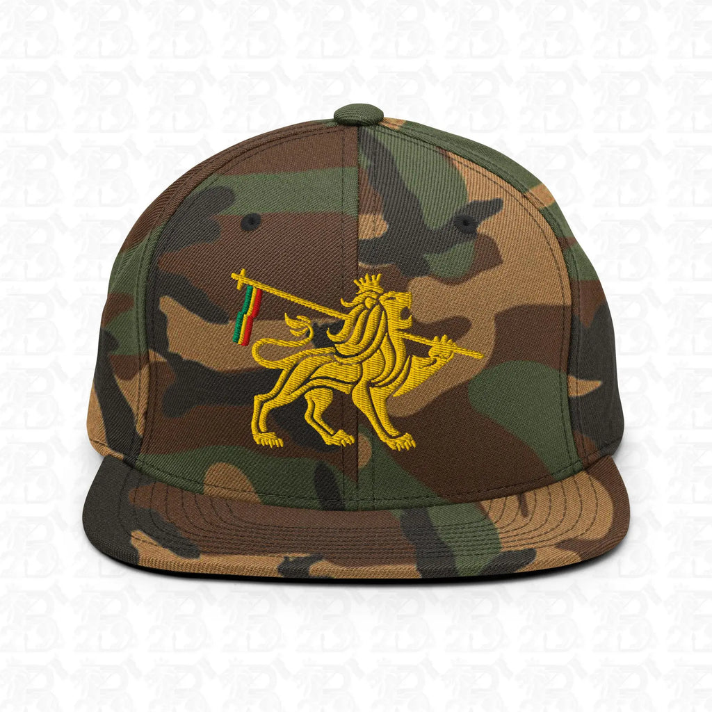 Lion of Judah Emblem Gold Embroidered Snapback Hat, green camo front view