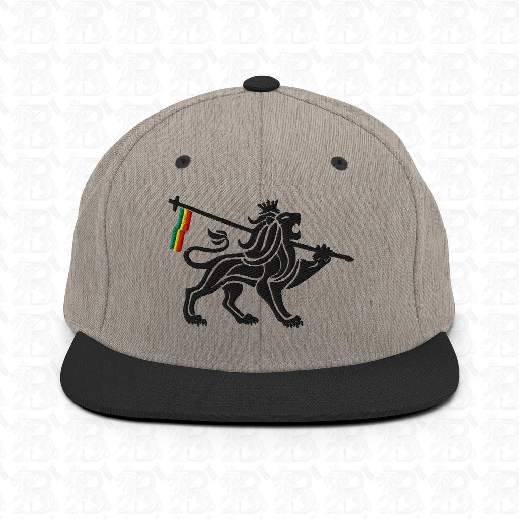 Lion of Judah Emblem Black Embroidered Snapback Hat, heather black front view