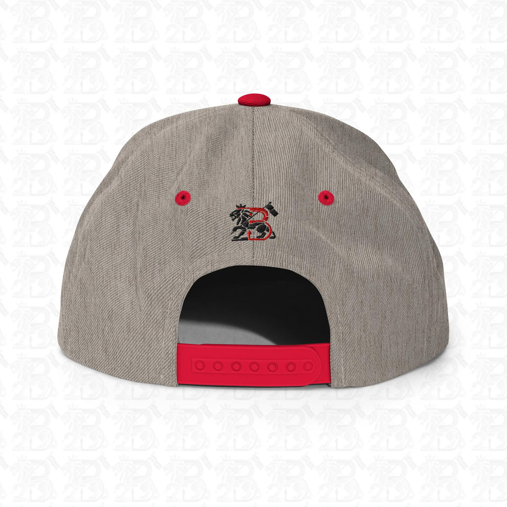 Lion of Judah Emblem Black Embroidered Snapback Hat, heather grey red back view