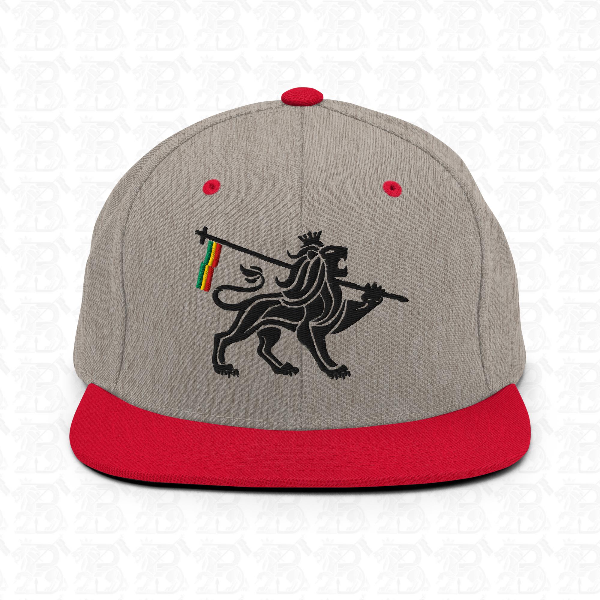 Lion of Judah Emblem Black Embroidered Snapback Hat, heather grey red front view