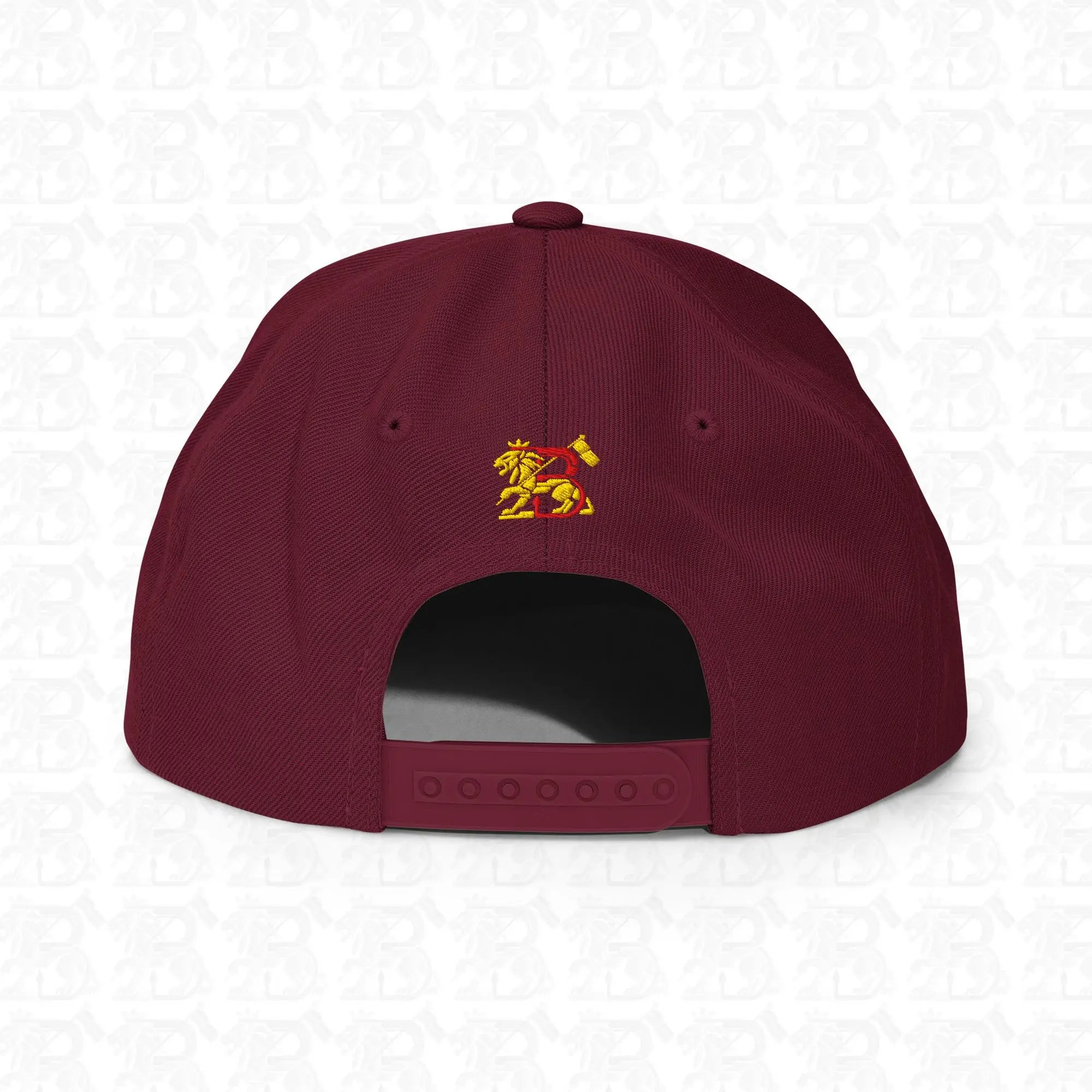 Lion of Judah Emblem Gold Embroidered Snapback Hat, maroon back view
