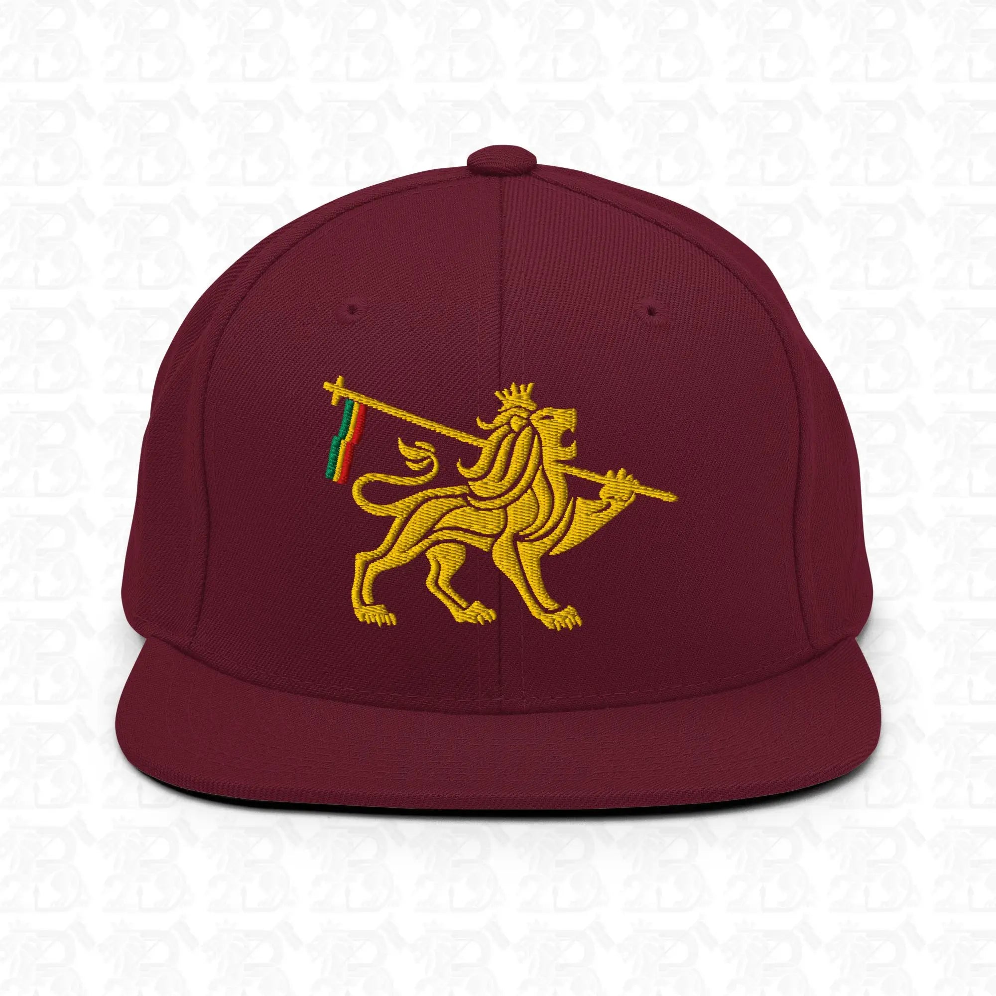 Lion of Judah Emblem Gold Embroidered Snapback Hat, maroon front view