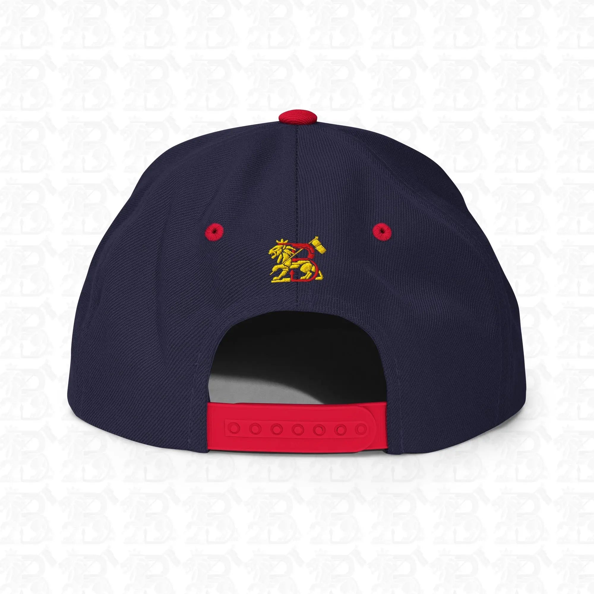 Lion of Judah Emblem Gold Embroidered Snapback Hat, navy red back view