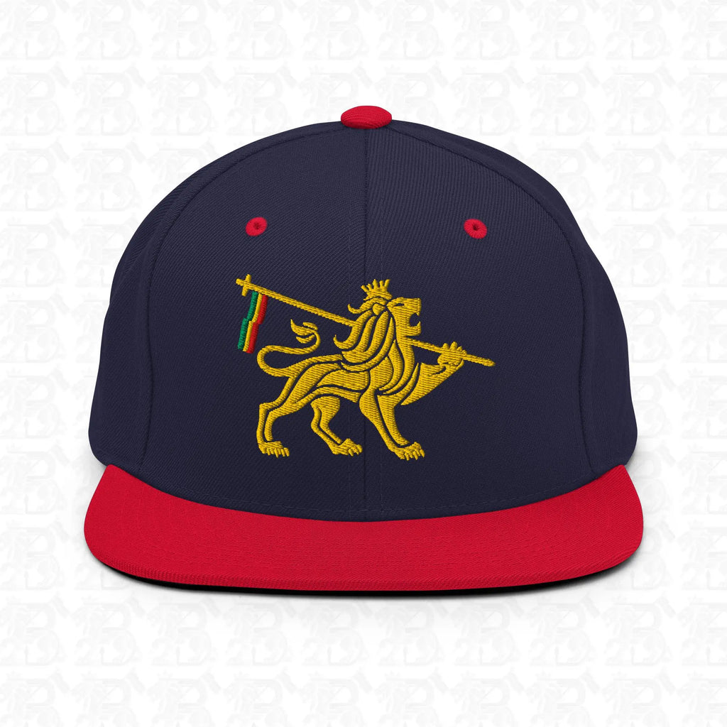 Lion of Judah Emblem Gold Embroidered Snapback Hat, navy red front view