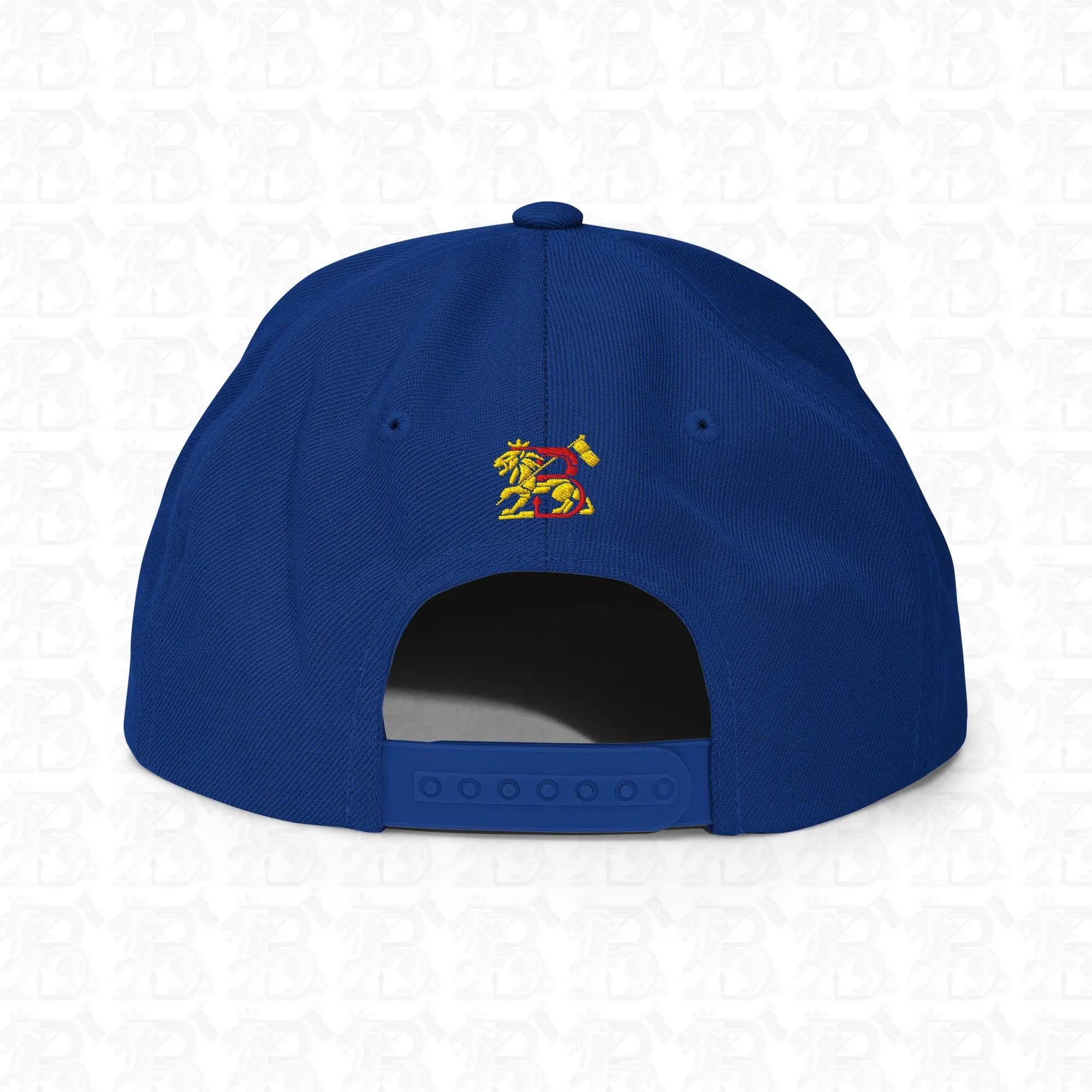 Lion of Judah Emblem Gold Embroidered Snapback Hat, royal blue back view