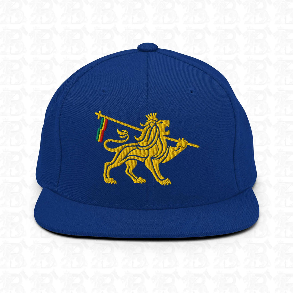 Lion of Judah Emblem Gold Embroidered Snapback Hat, royal blue front view