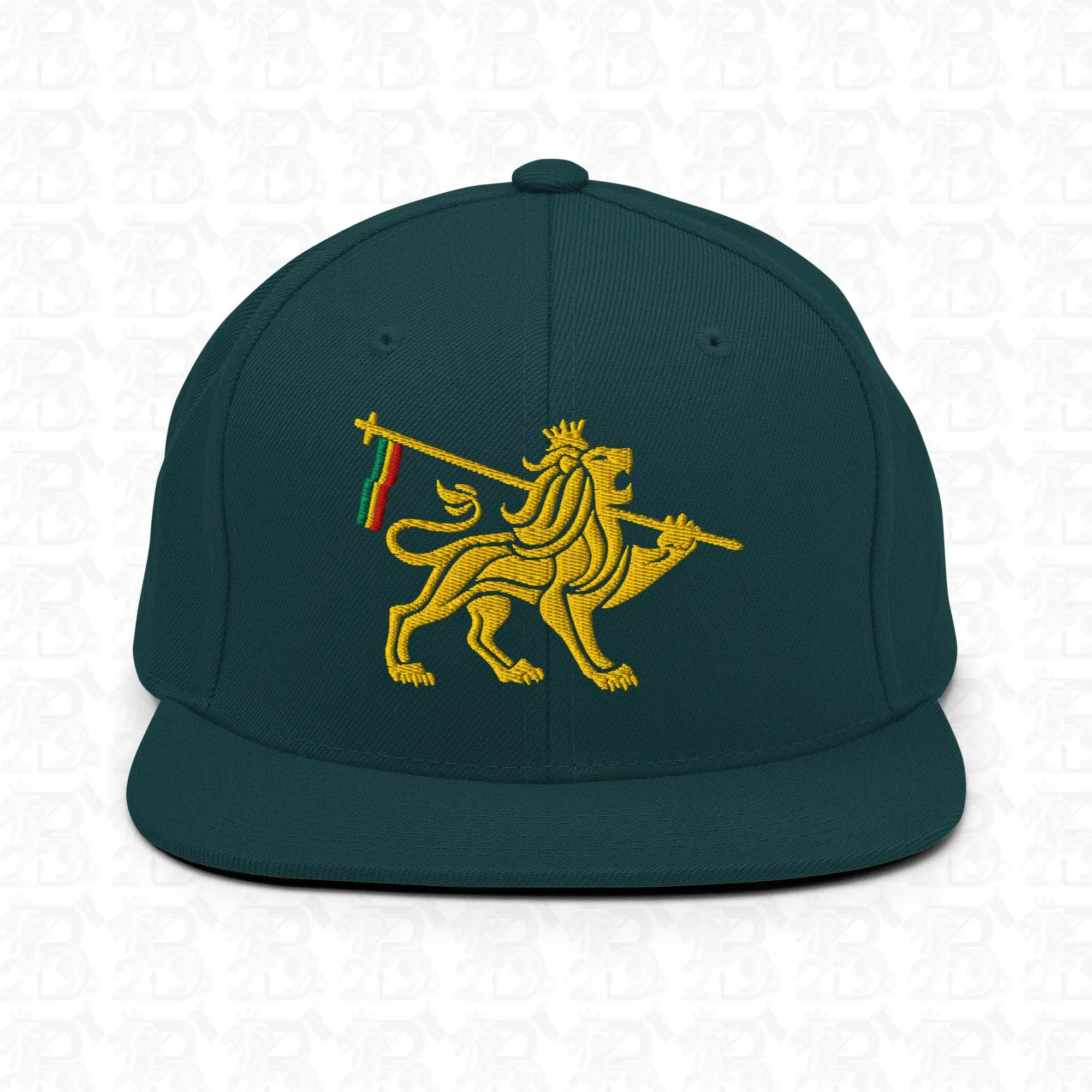 Lion of Judah Emblem Gold Embroidered Snapback Hat, spruce front view